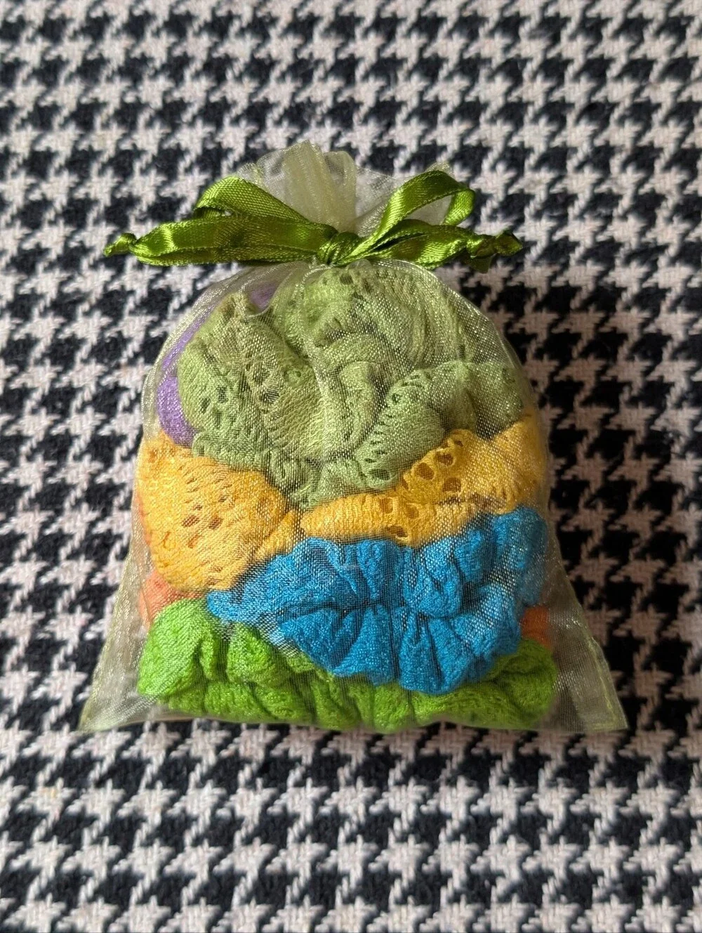 bag of retro multicolored lace-like scrunchies hair accessories